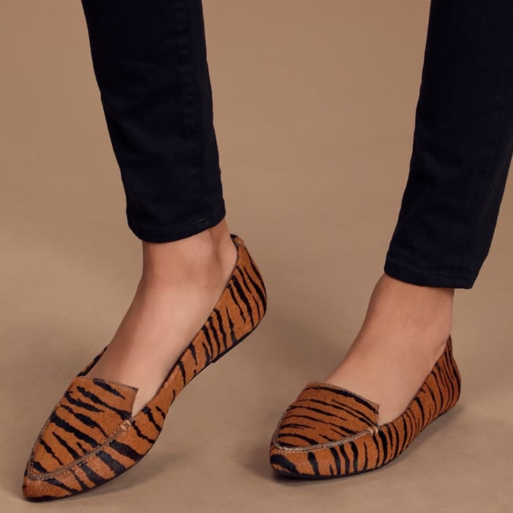 Lulus Emmy Leather Tiger Calf Hair Loafers Shoes Size 6.5